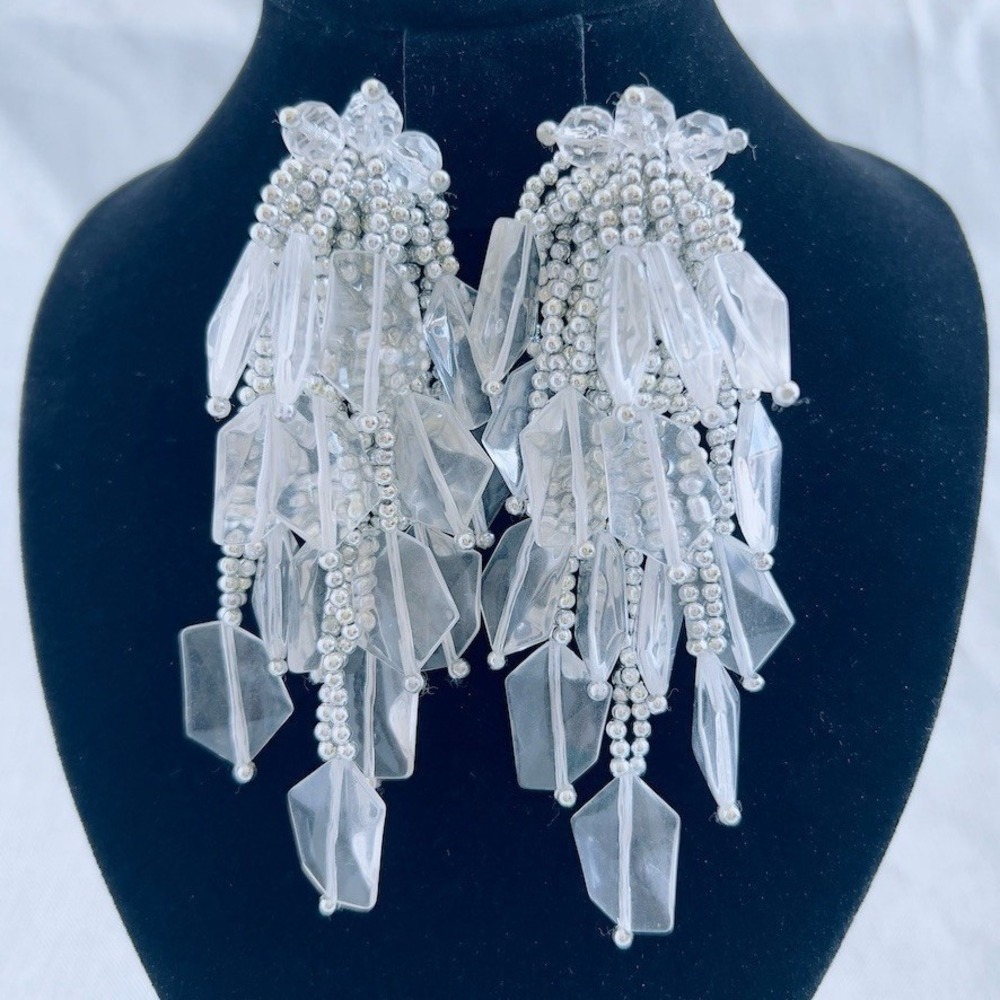 Vintage Clip-On Chandelier Earrings Clear Lucite Beaded Fringe Dangle Brutalist